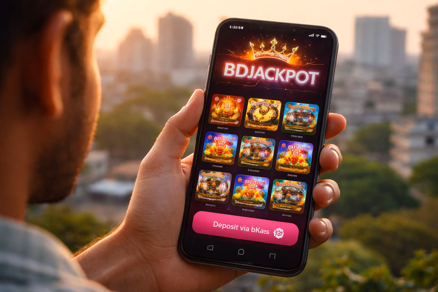 বাংলাদেশি খেলোয়াড় BDJACKPOT মোবাইল অ্যাপ উপভোগ করছেন উজ্জ্বল স্লট রিল এবং স্ক্রিনে ভাসমান কয়েন সহ