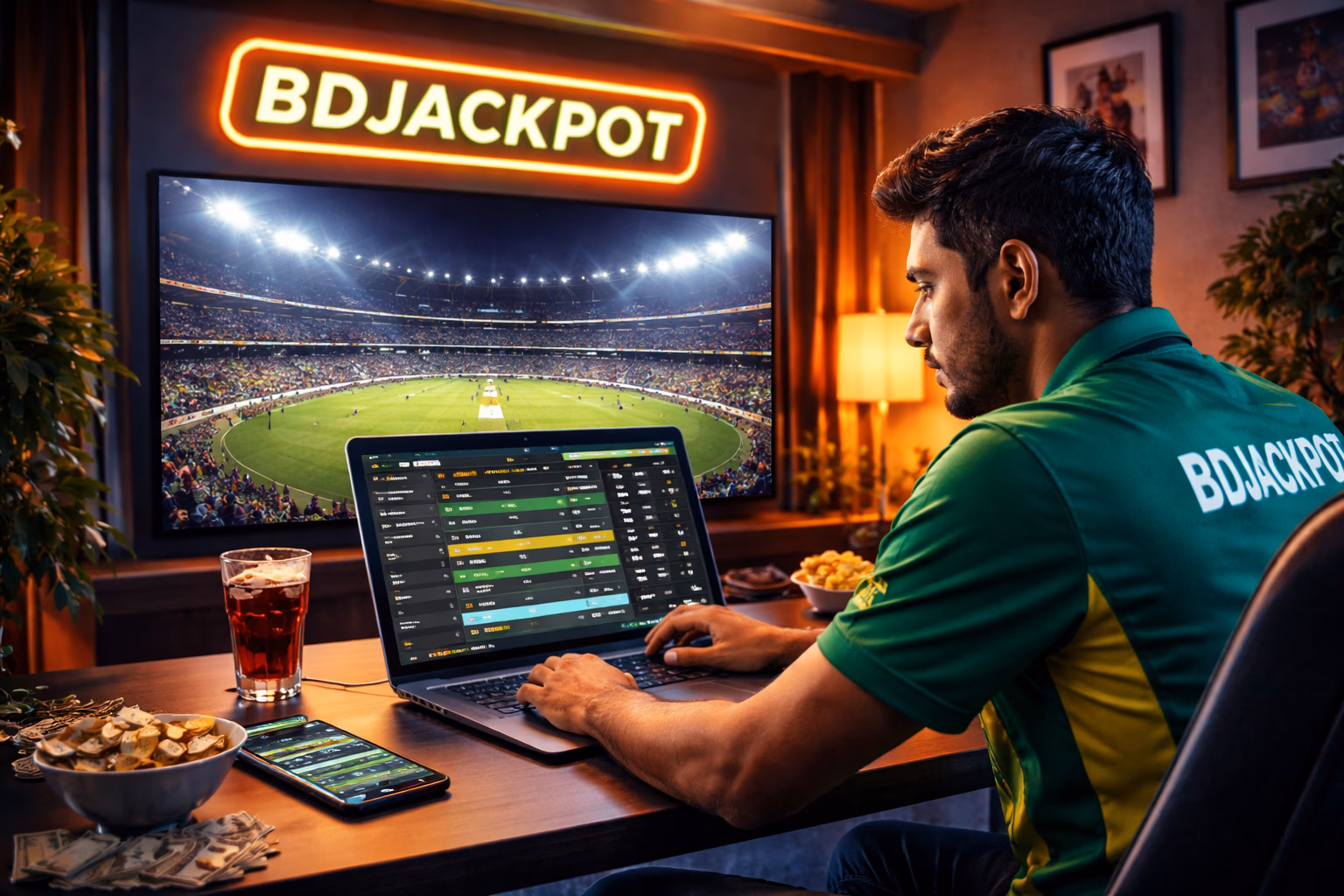 Focused Bangladeshi punter placing live cricket wagers on a laptop while a stadium broadcast plays on the wall screen using BDJACKPOT