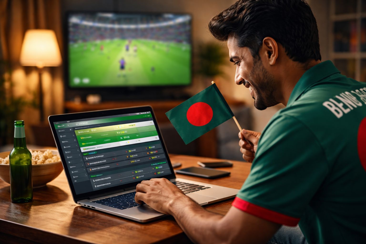 Enthusiastic Bangladeshi sports fan reviewing real-time cricket odds on a laptop using BDJACKPOT while a televised match runs in a relaxed home setting