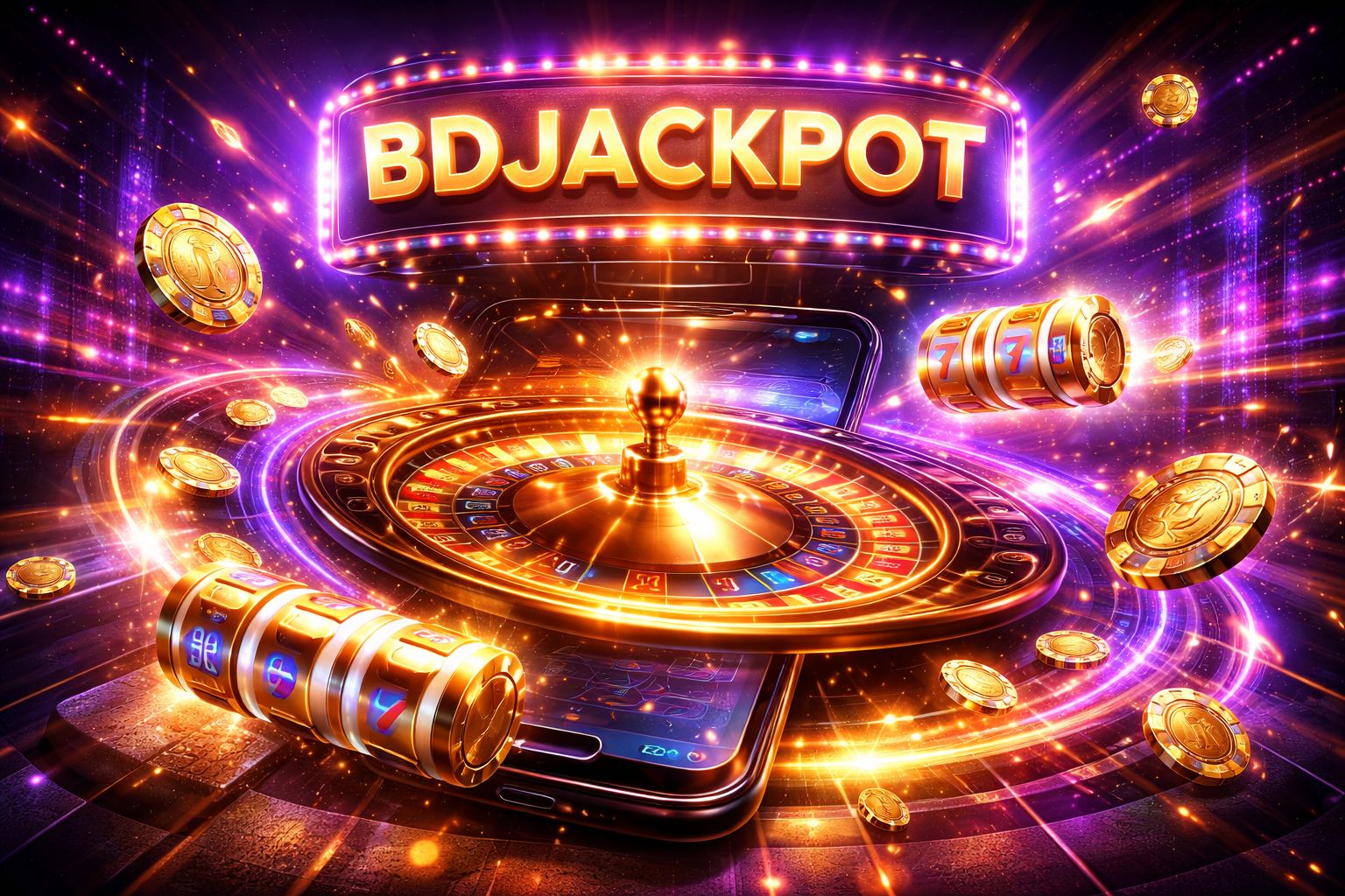 Glowing BDJACKPOT neon billboard above a virtual roulette wheel with cascading chips and reels surrounding a smartphone display in Bangladesh