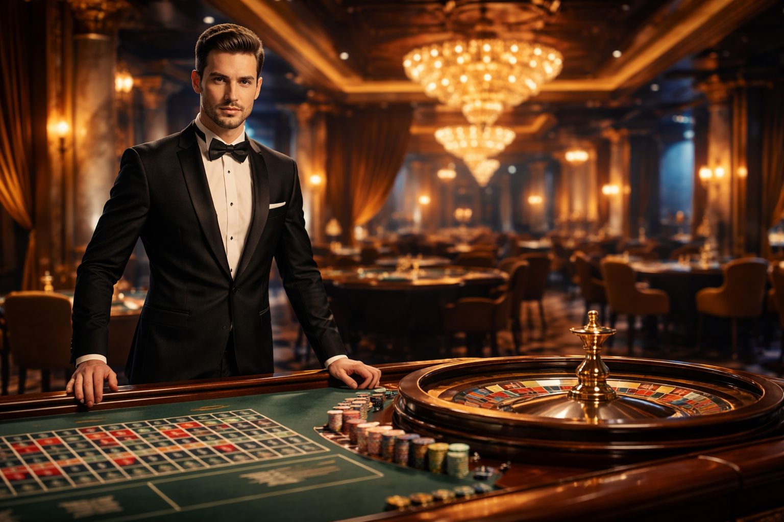 Elegant croupier in professional attire standing beside a roulette table surrounded by ornate decor and warm spotlights illustrating the upscale casino atmosphere of BDJACKPOT in Bangladesh