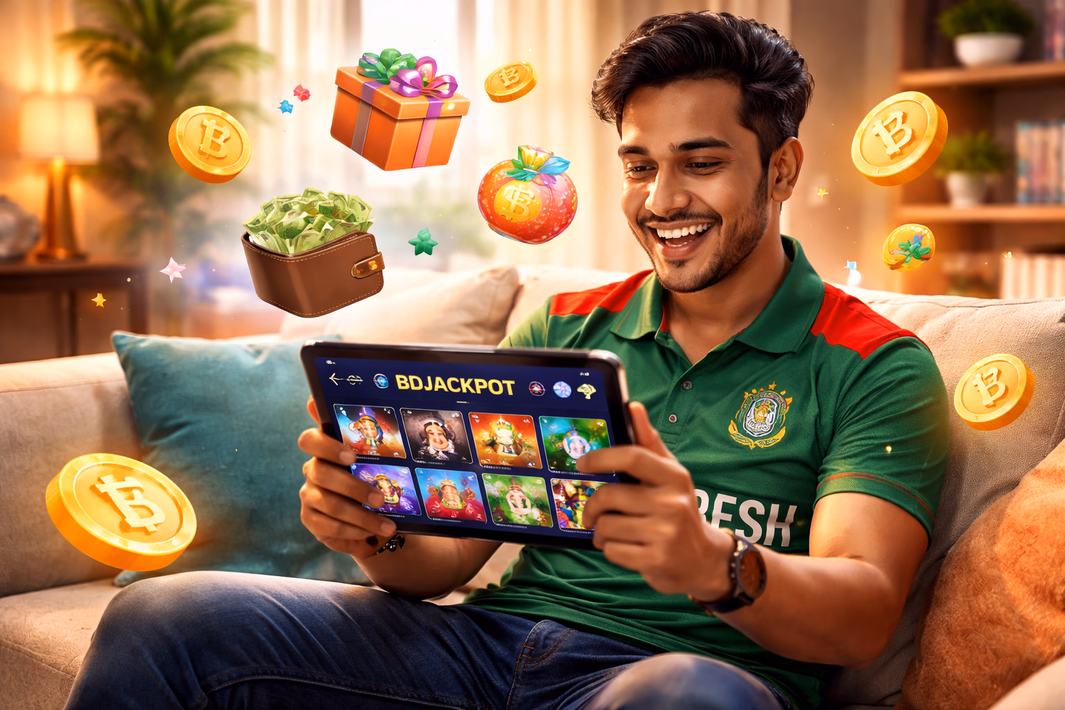 একজন পরিশীলিত বাংলা হোস্ট অতিথিদের BDJACKPOT সাইন-ইন লবি তে স্বাগত জানাচ্ছেন উজ্জ্বল বাতি এবং ভাসমান টোকেন সহ