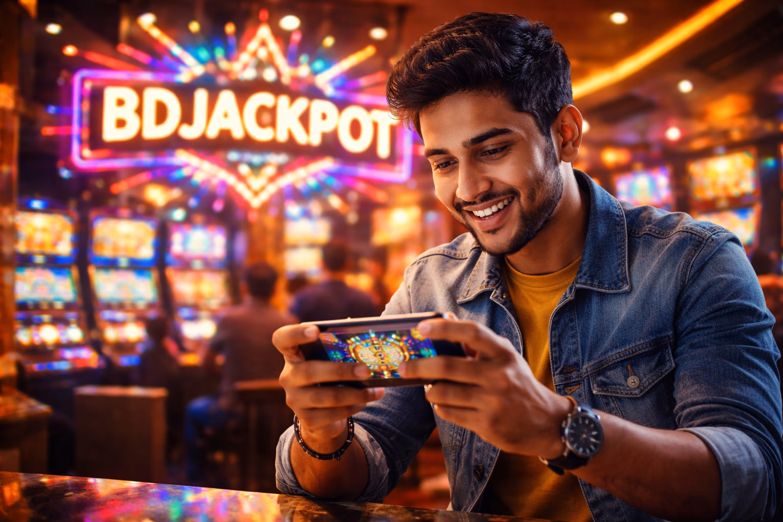 Cheerful player engaging with a fresh slot reel featuring bright lights and jackpot icons at BDJACKPOT in Bangladesh